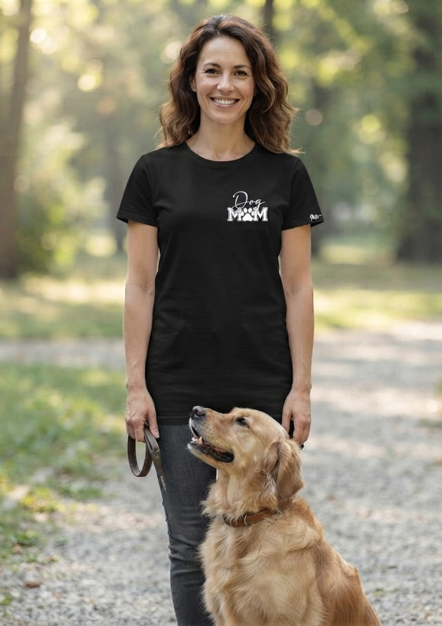 Unisex T-Shirt Dog Mom schwarz – Brustprint Frontansicht im Park-Setting von fks-design
