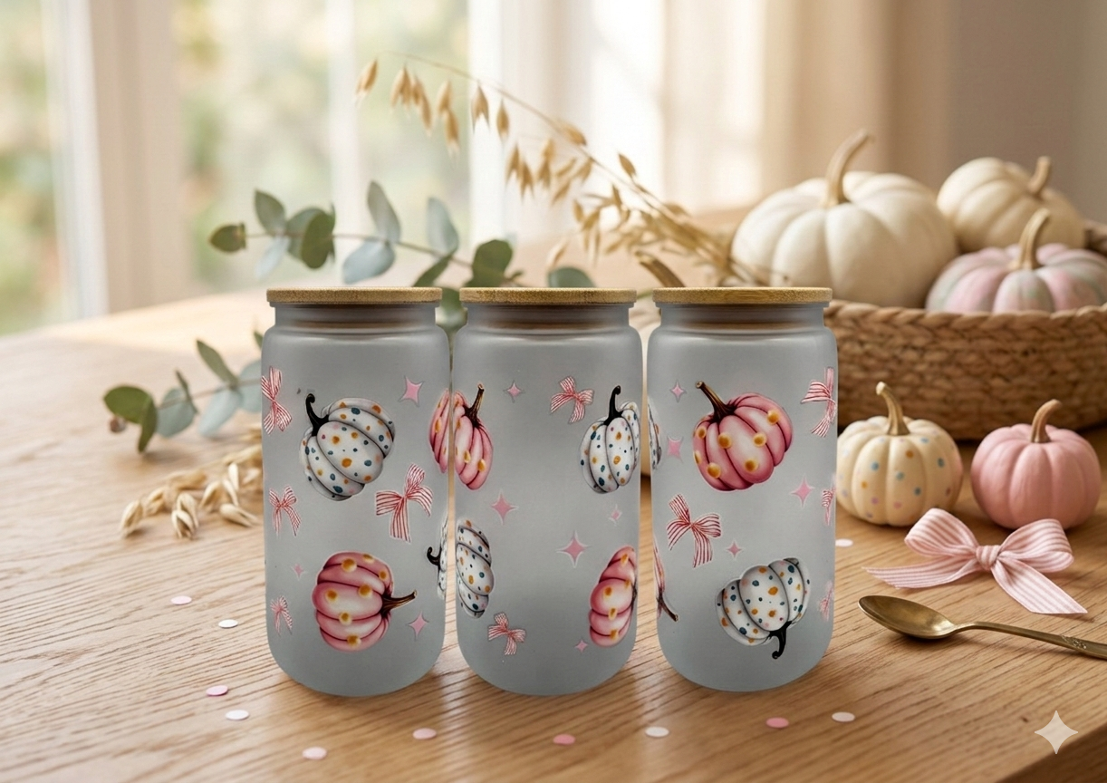 Matter Trinkbecher Kürbis mit Bambusdeckel und Trinkhalm 550 ml mit UV-DTF Motiv – Herbstdeko von fks-design
