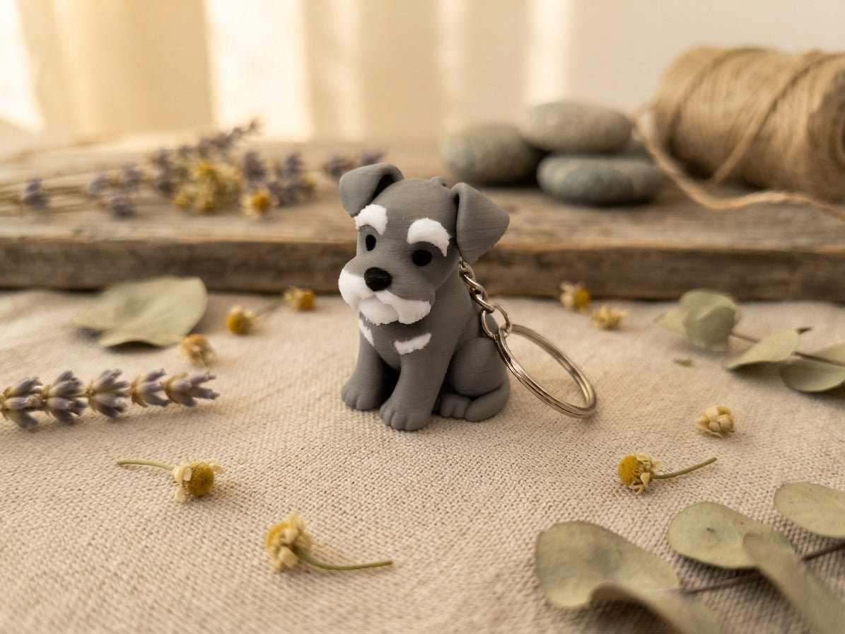Schnauzer Schlüsselanhänger aus PLA – sitzende Hundefigur mit weißem Bart und Metallring, 3D-Druck von fks-design
