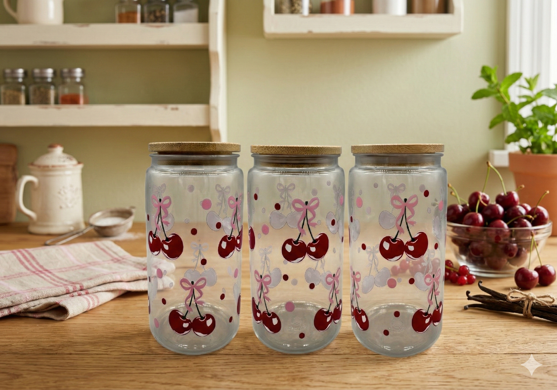 Trinkbecher Kirschen mit Bambusdeckel und Trinkhalm UV-DTF Motiv 550ml von fks-design

