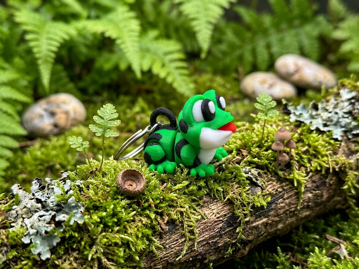 Flexi Frosch Schlüsselanhänger 3D Druck - Seitenansicht mit Kette - fks-design

