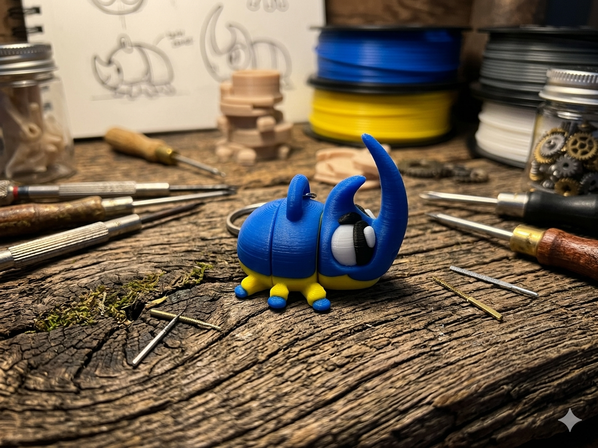 Flexi Nashorn Käfer Schlüsselanhänger 3D Druck - Seitenansicht mit Kette
