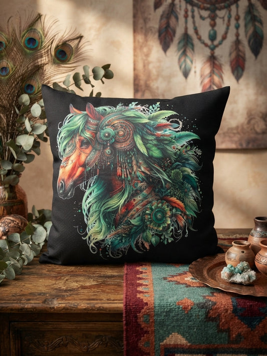 Schwarze Kissenhülle 40x40 cm mit mystischem Pferd Kano DTF-Druck – Boho-Pferdekopf mit Federn und Schmuck in
