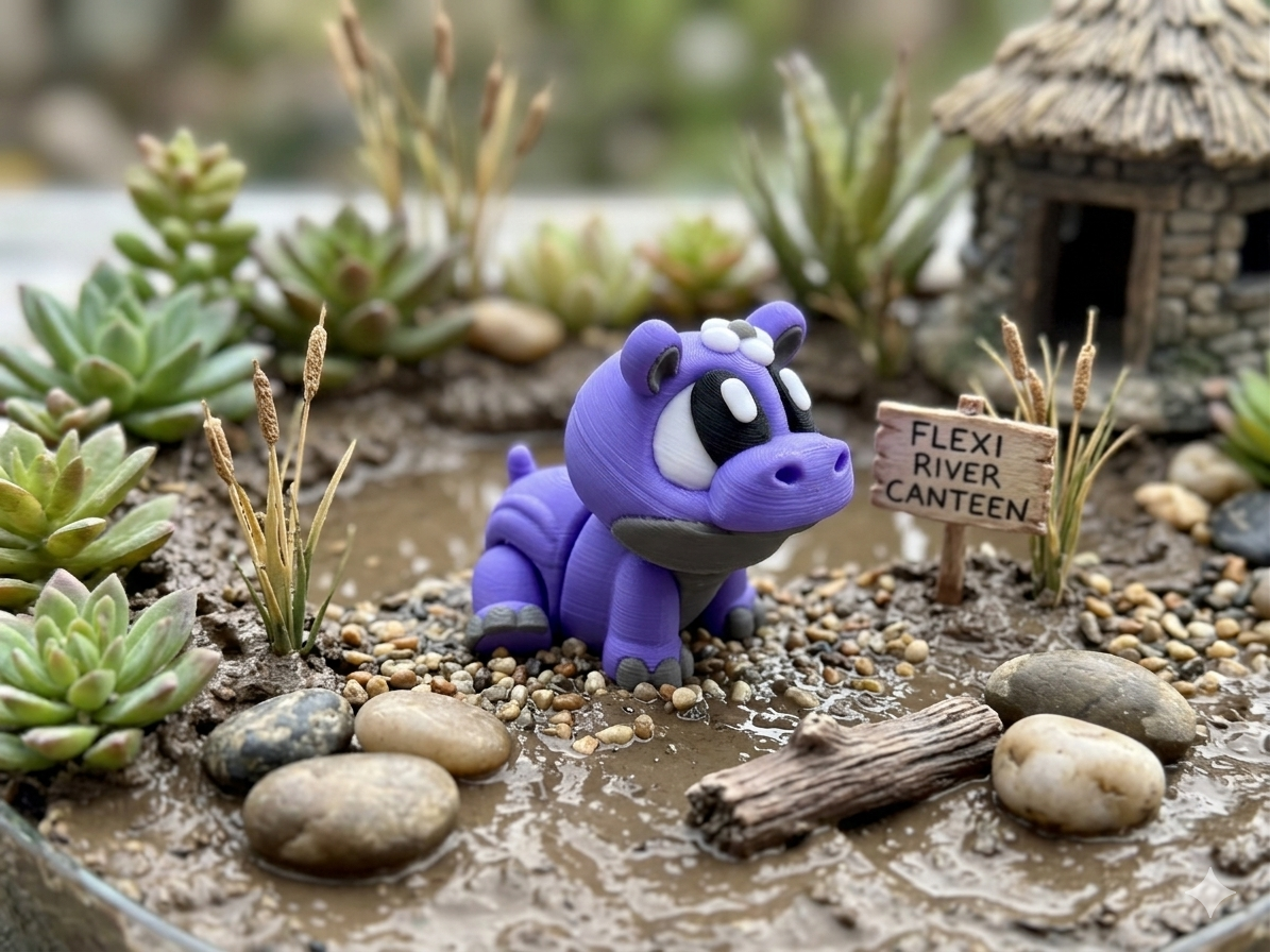 Mini Flexi Nilpferd Mädchen aus 3D-Druck, lila mit Blümchen, voll beweglich, aus PLA – von fks-design
