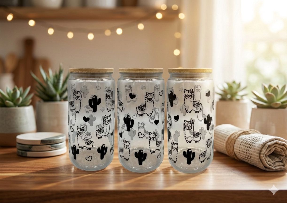 Trinkbecher Lama mit Bambusdeckel und Trinkhalm UV-DTF Motiv 550ml von fks-design
