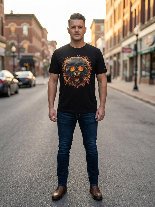 Unisex T-Shirt Fire Lion schwarz – Feuriges Löwen-Motiv Frontansicht im Urban-Setting von fks-design
