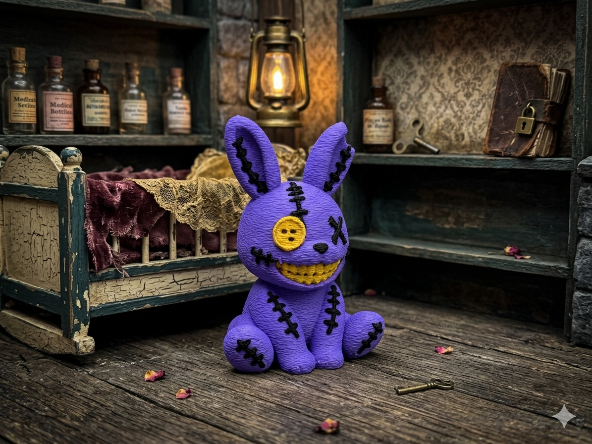 Detailansicht Stitch Buddie Horror-Hase: geflickter Look, Knopfaugen und diabolisches Grinsen – von fks-design
