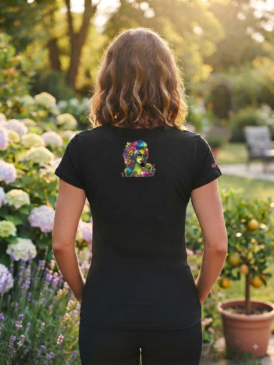 Damen T-Shirt Green Summer Lady schwarz – Sommerliches Motiv Rückenprint im Garten-Setting von fks-design
