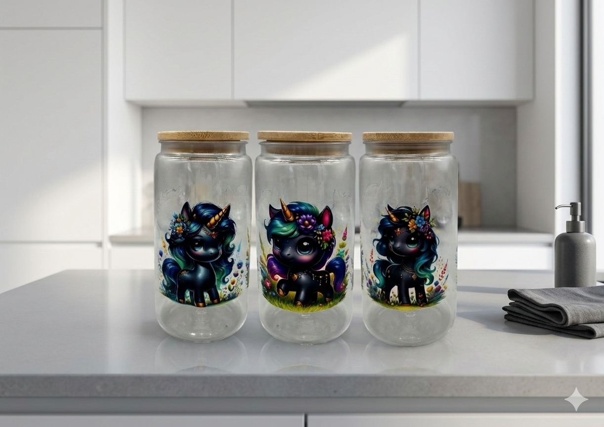 Trinkbecher Black Unicorn mit Bambusdeckel und Trinkhalm UV-DTF Motiv 550ml von fks-design
