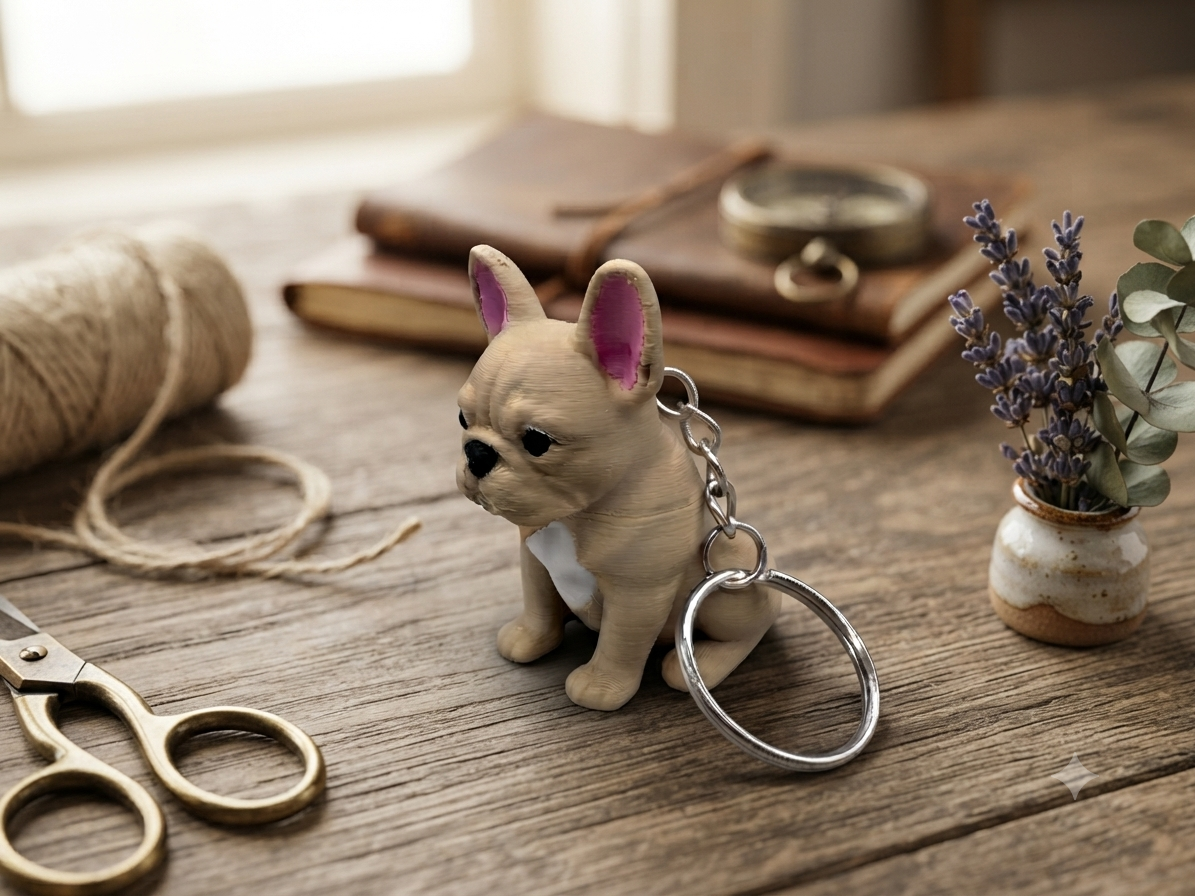 3D Druck Schlüsselanhänger Französische Bulldogge beige aus PLA mit Metallring – Seitenansicht von fks-design
