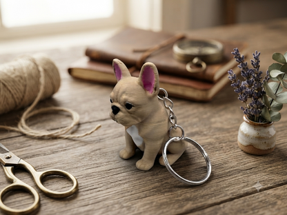 3D Druck Schlüsselanhänger Französische Bulldogge beige aus PLA mit Metallring – Seitenansicht von fks-design
