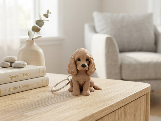 3D Druck Schlüsselanhänger Cocker Spaniel Hund goldbraun aus PLA mit Metallring, Frontansicht auf Holztisch – von fks-design
