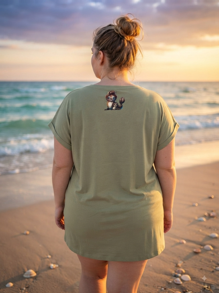 Damen T-Shirt Seelöwe mit Baby salbeigrün – Süßes Tier-Motiv Rückenprint am Strand von fks-design
