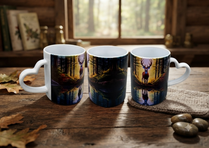Keramiktasse Hirsch am Bach mit Herzhenkel – Sublimationsdruck Waldmotiv mit Hirsch und Spiegelung im Bach von fks-design

