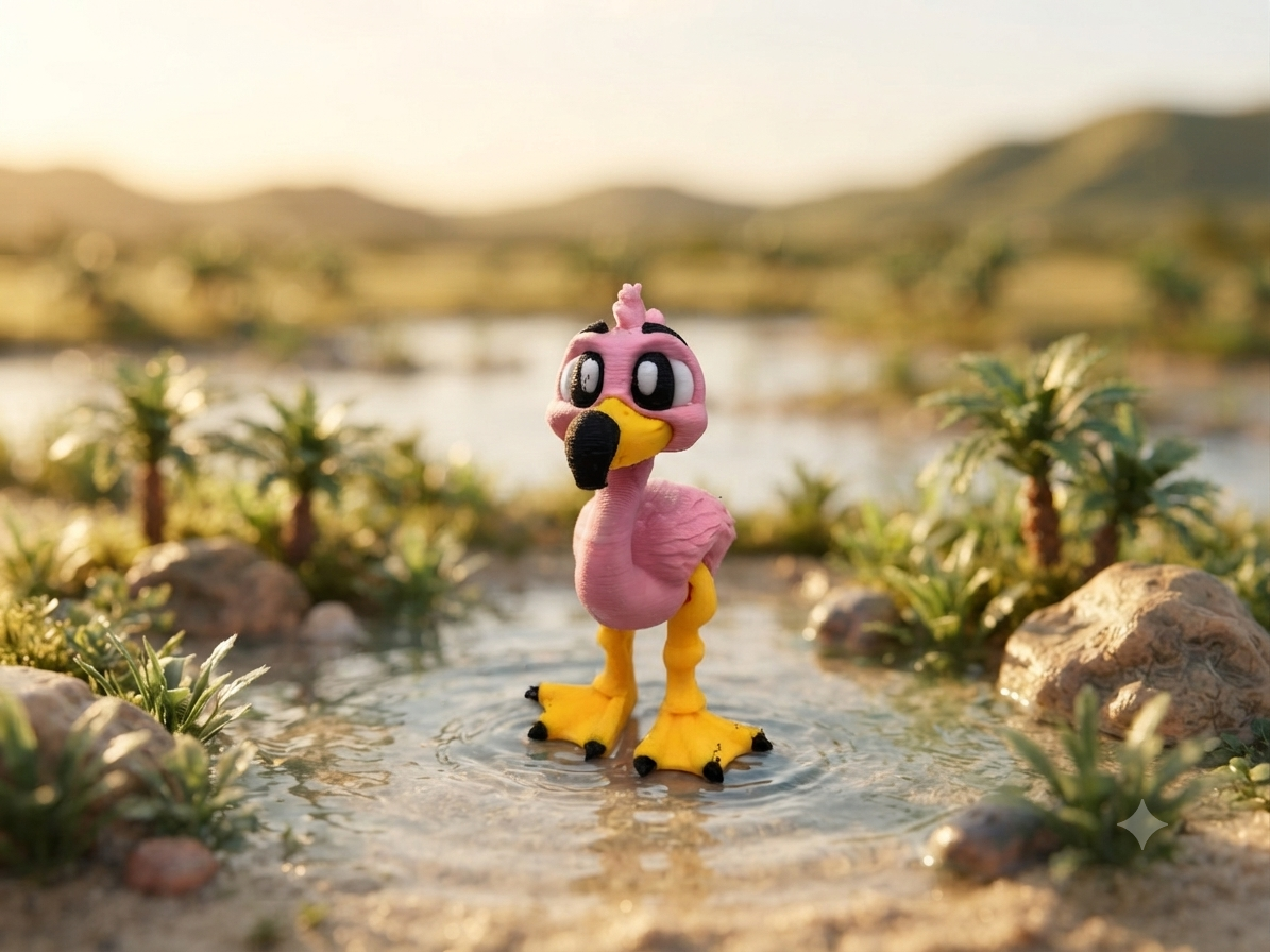 Mini Flexi Flamingo 3D-Druck Figur frontal, stehend im Wasser mit Palmen und Bergen im Hintergrund – handgefertigtes Fidget Toy von fks-design
