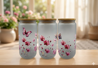 Matter Trinkbecher Schmetterling Blumen mit Bambusdeckel und Trinkhalm UV-DTF Motiv 550ml von fks-design
