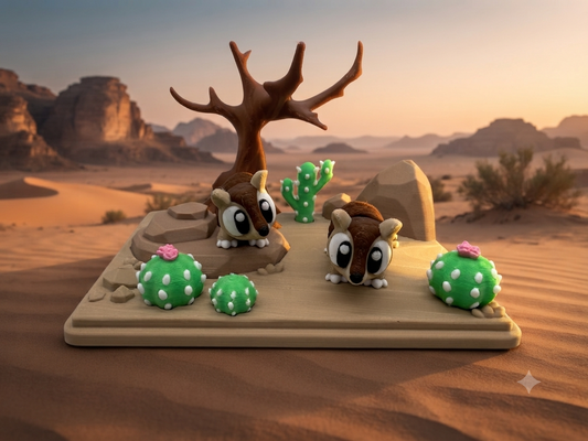 3D-Druck Steppen Set mit 2 beweglichen Flexi Gürteltieren, Kakteen und Baum auf Sandplatte – Miniatur Deko Spielset von fks-design
