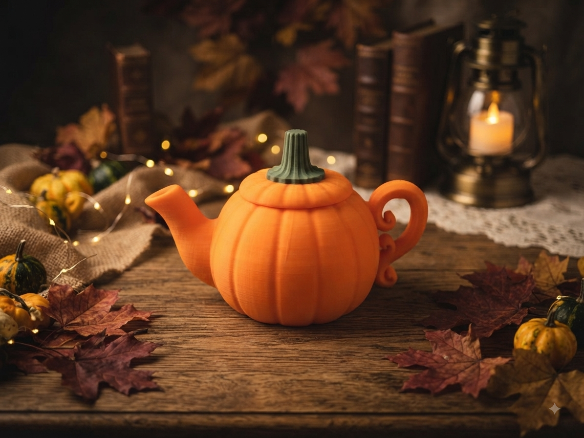 3D Druck LED Teelichthalter Halloween Kürbis Teekanne orange – Rückansicht Teekannenform mit Herbstdeko von fks-design
