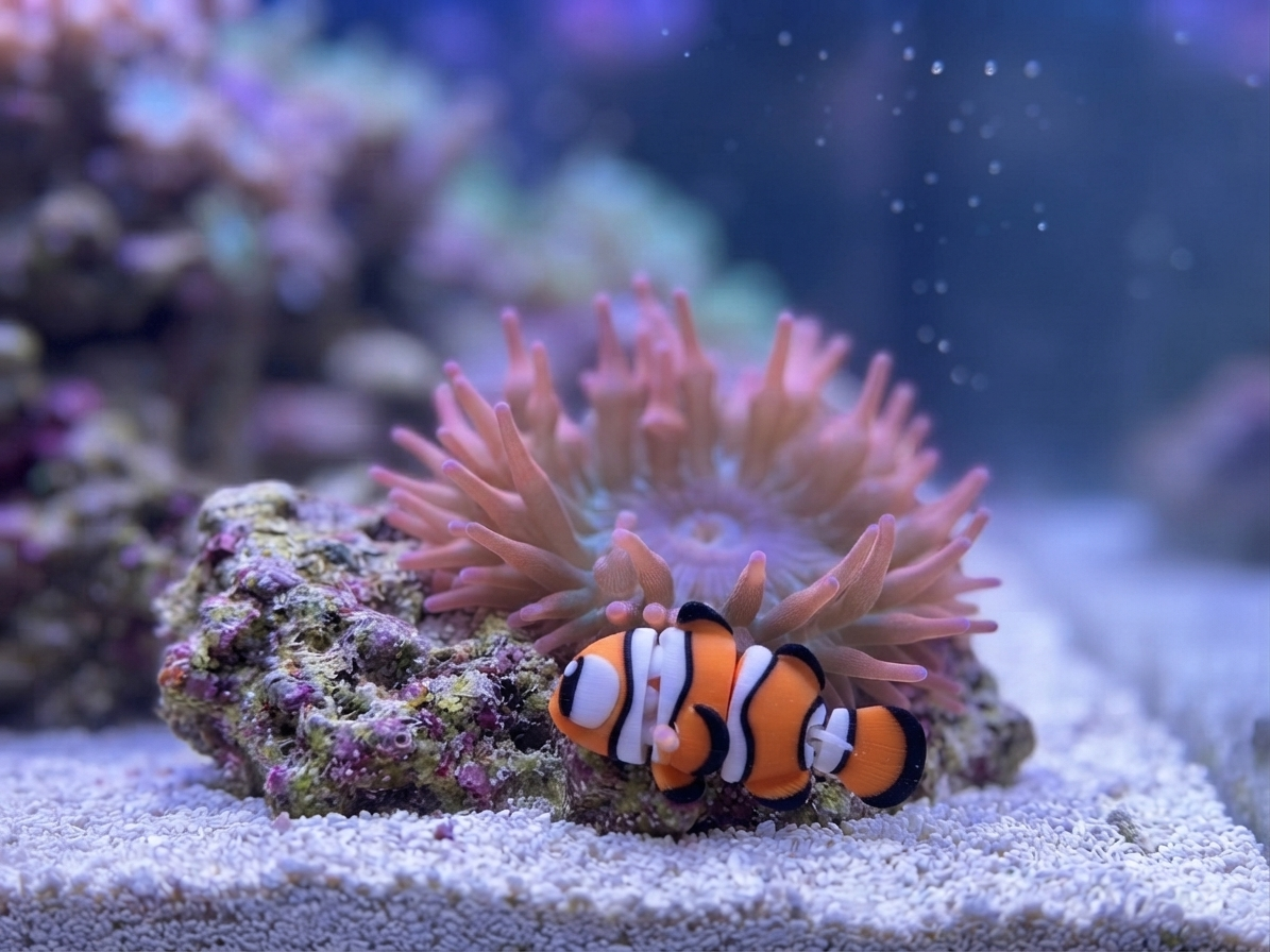 Mini Flexi Clownfisch orange-weiß-schwarz aus PLA – Seitenansicht im Aquarium-Setting von fks-design
