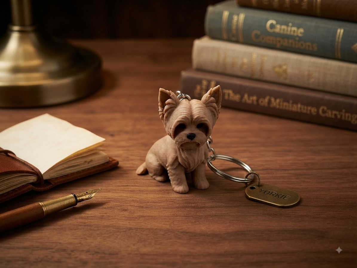 3D Druck Schlüsselanhänger Yorkshire Terrier beige aus PLA mit Metallring – Frontansicht von fks-design
