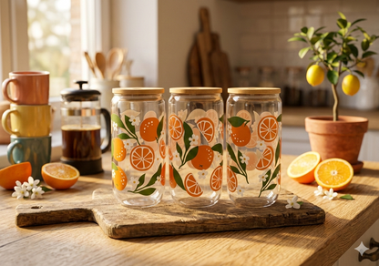 Trinkglas Orangen 550ml mit Bambusdeckel und Trinkhalm UV-DTF Motiv von fks-design
