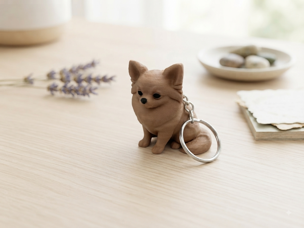 3D Druck Schlüsselanhänger Chihuahua beige aus PLA mit Metallring – Seitenansicht von fks-design
