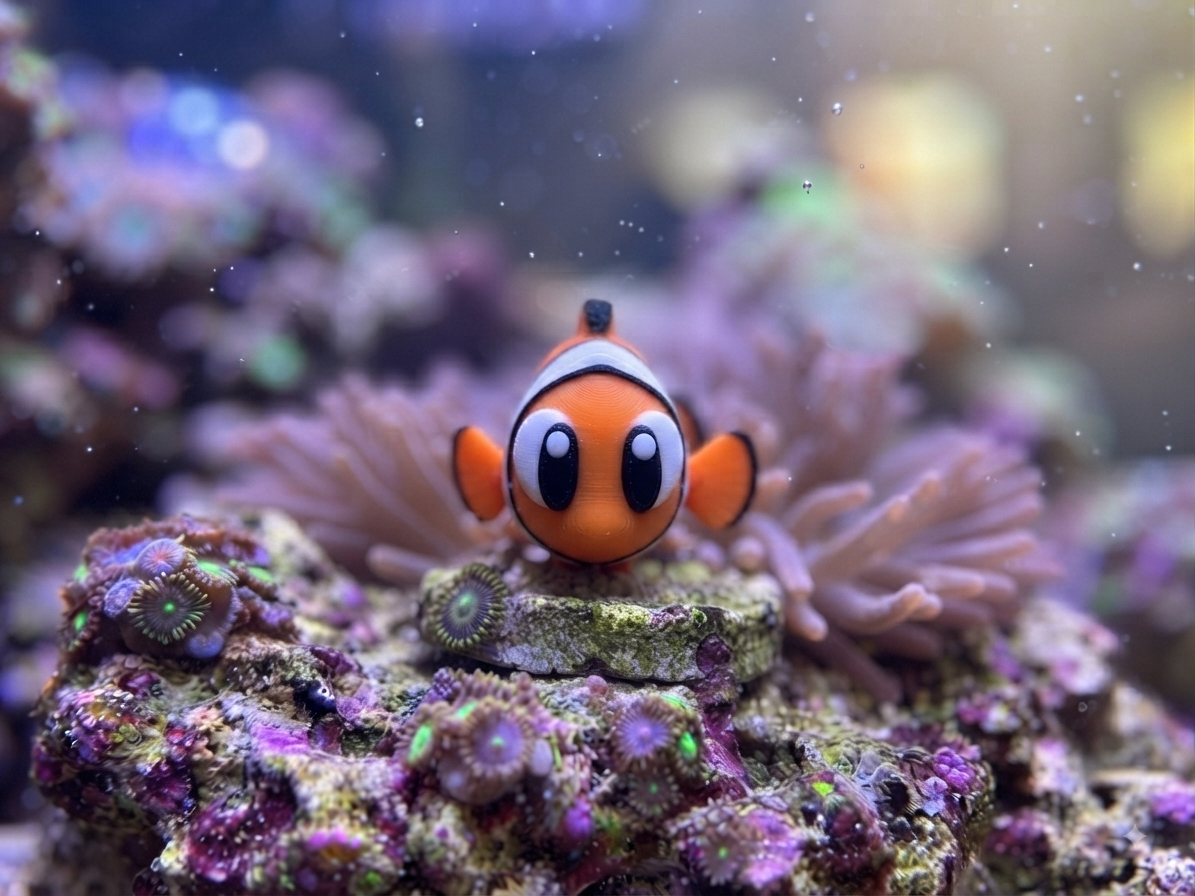 Mini Flexi Clownfisch orange-weiß-schwarz aus PLA – Frontansicht im Aquarium-Setting von fks-design

