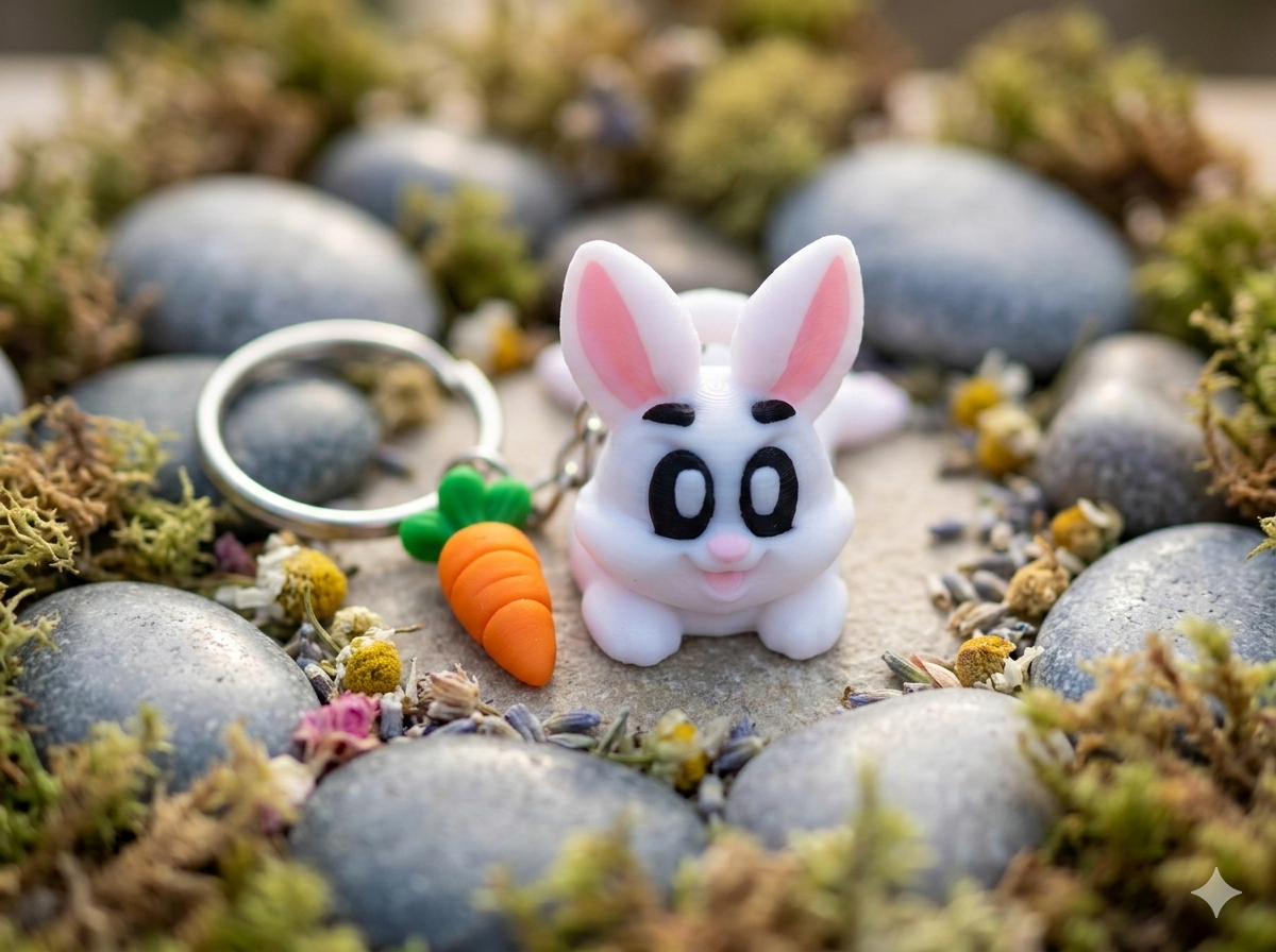 3D Druck Flexi Schlüsselanhänger Hase mit Karotte – Seitenansicht beweglicher Hase von fks-design
