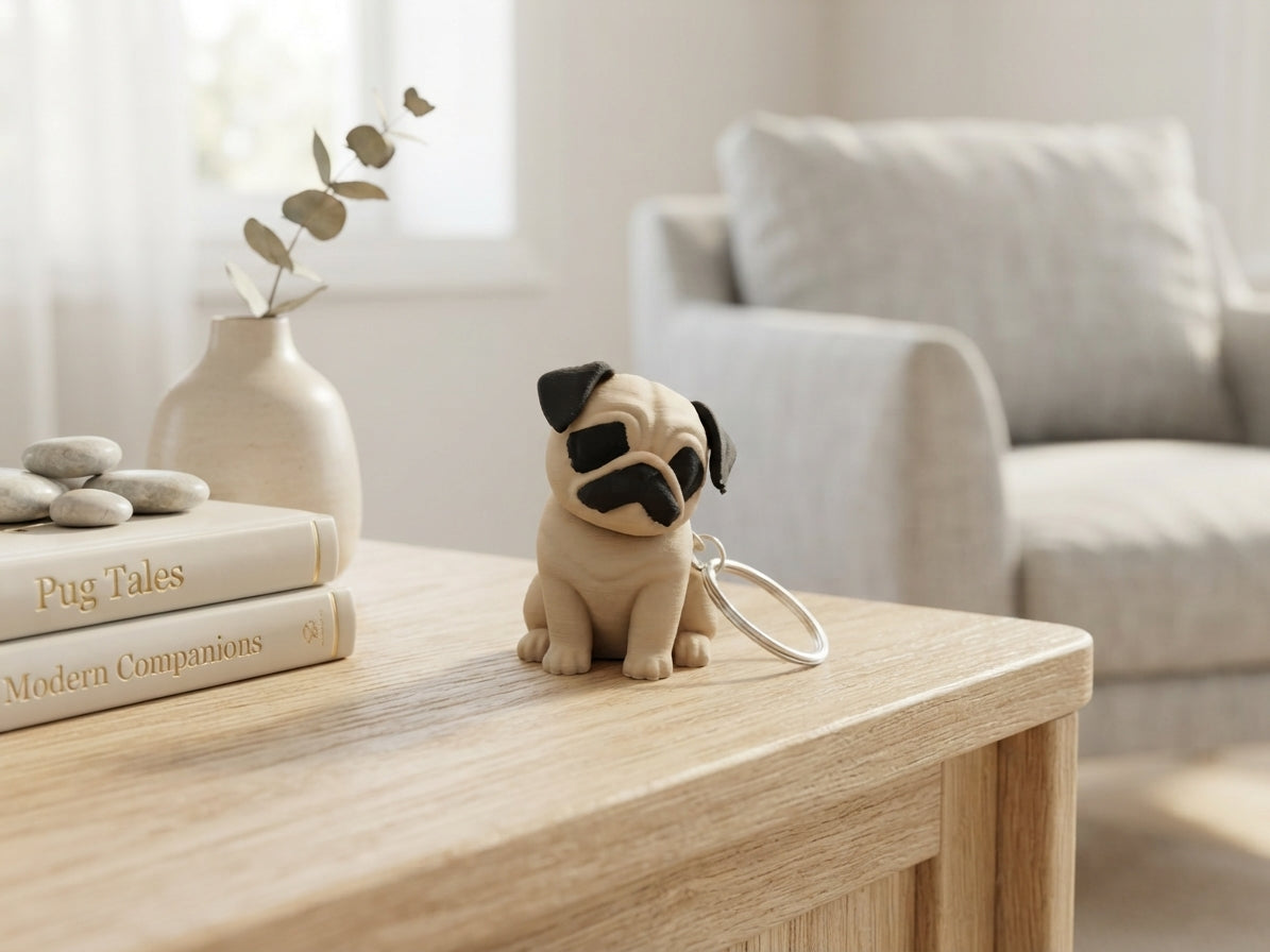 3D Druck Schlüsselanhänger Mops Hund aus PLA mit Metallring – detailgetreue Mops-Figur in Beige/Schwarz, von fks-design
