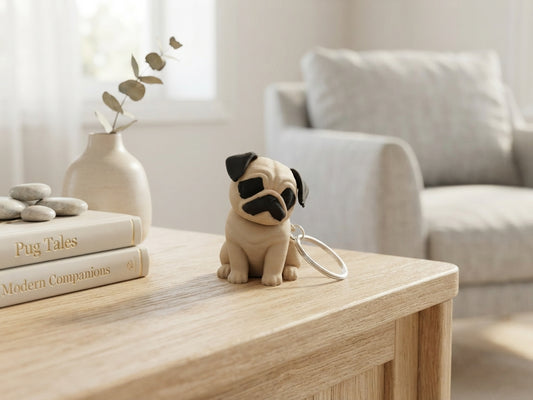 3D Druck Schlüsselanhänger Mops Hund aus PLA mit Metallring – detailgetreue Mops-Figur in Beige/Schwarz, von fks-design
