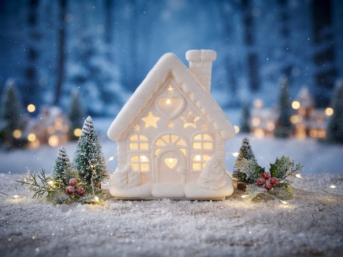 Weißes LED-Teelichthalter Weihnachtshaus mit leuchtenden Fenstern und Sternen im verschneiten Wald von fks-design

