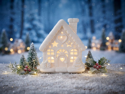 Weißes LED-Teelichthalter Weihnachtshaus mit leuchtenden Fenstern und Sternen im verschneiten Wald von fks-design
