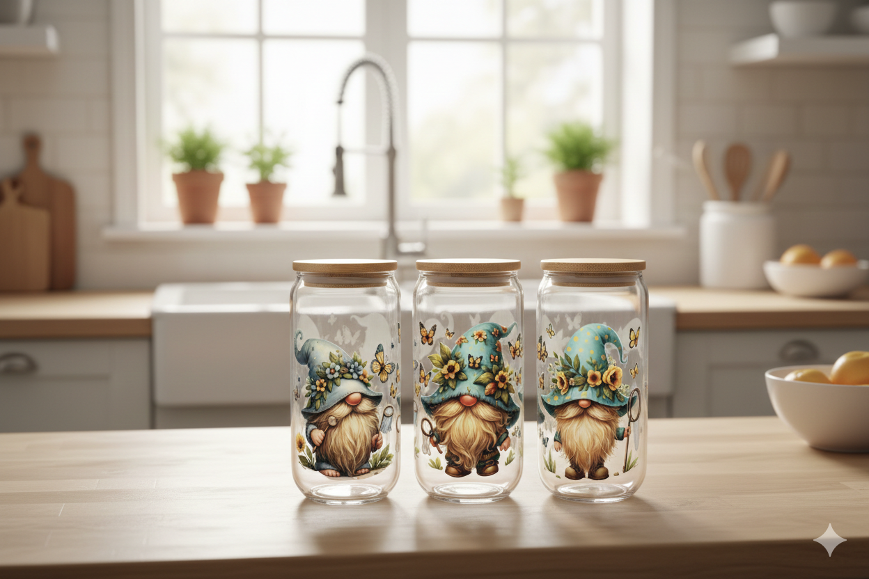 Trinkglas Blaues Wichtel Trio 550ml mit Bambusdeckel und Trinkhalm UV-DTF Motiv von fks-design
