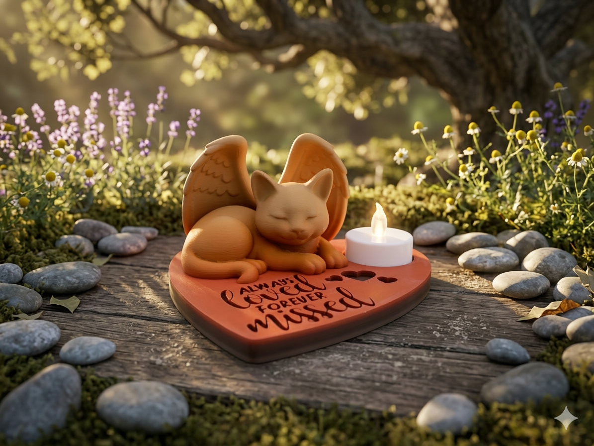 Schlafende Engel-Katze auf herzförmiger Gedenkstätte mit Schriftzug Always Loved Forever Missed
