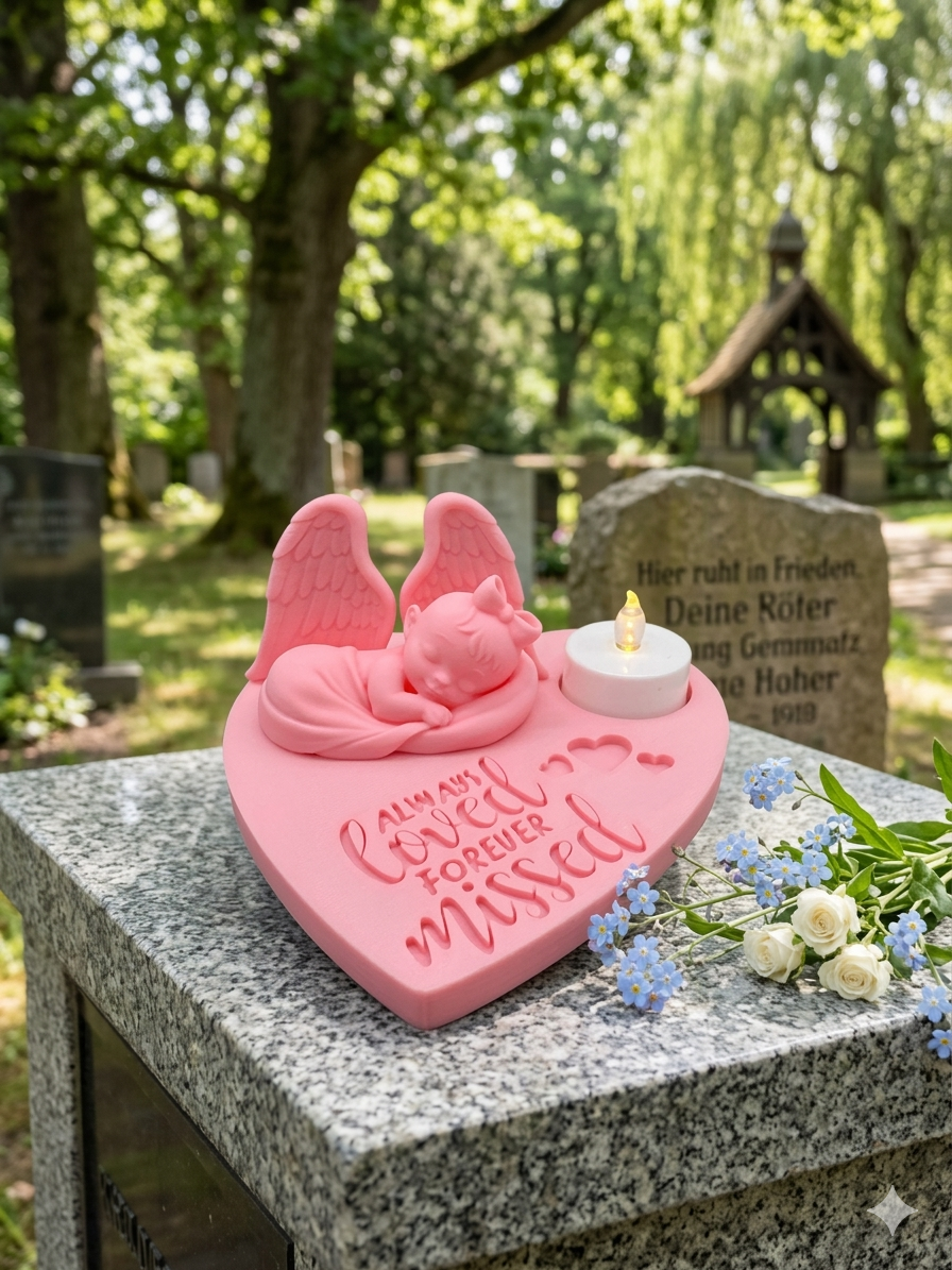 Gedenkstätte Baby Mädchen Sternenkind in Herzform mit LED Teelichthalterung aus 3D-Druck in Rosa
