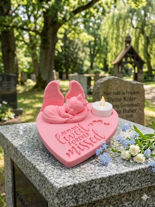 Gedenkstätte Baby Mädchen Sternenkind in Herzform mit LED Teelichthalterung aus 3D-Druck in Rosa
