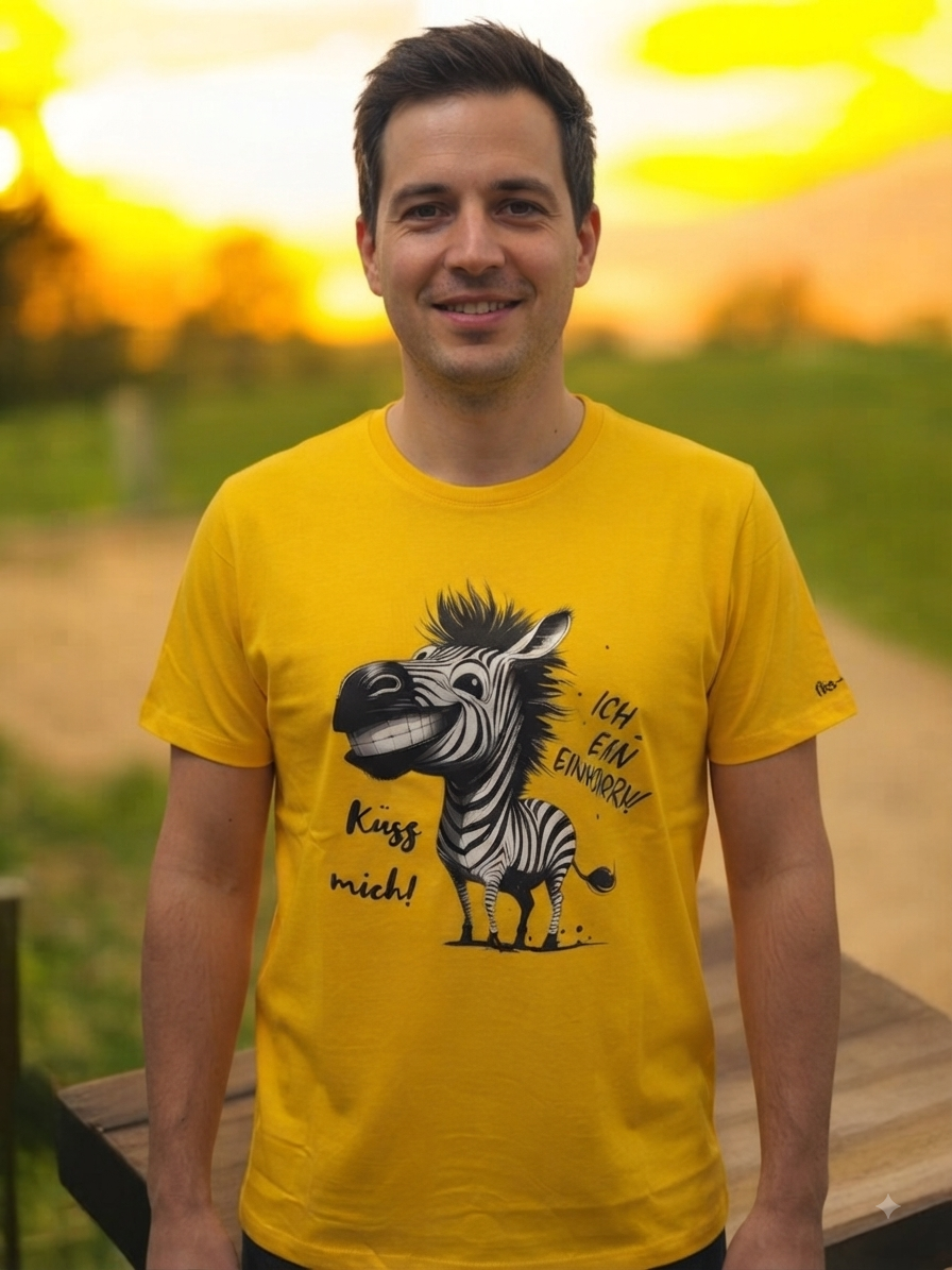 Unisex T-Shirt Küss mich Einhorn gelb – Witziges Zebra-Motiv Frontansicht bei Sonnenuntergang von fks-design
