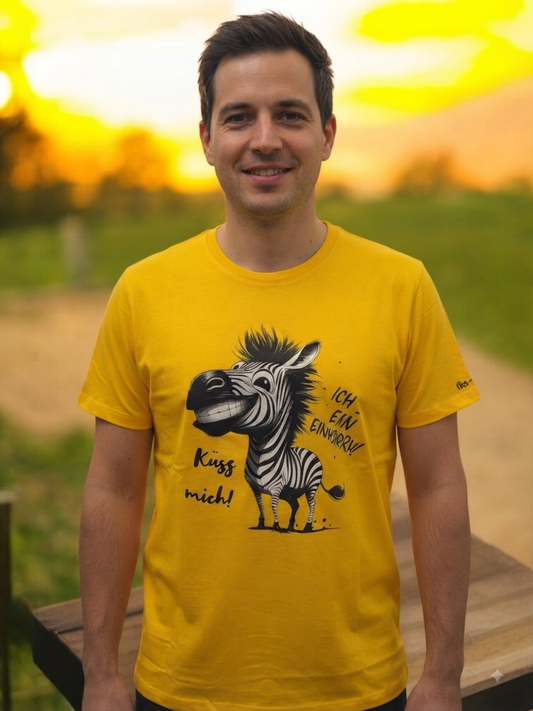 Unisex T-Shirt Küss mich Einhorn gelb – Witziges Zebra-Motiv Frontansicht bei Sonnenuntergang von fks-design
