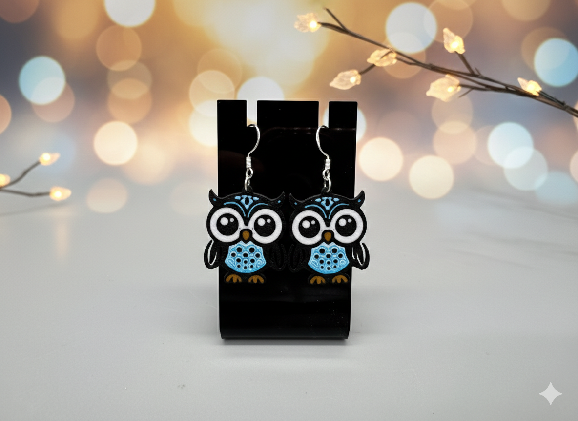 3D Druck Ohrringe Blaue Eule – detailreiche blaue Eule mit 925er Sterling Silber Ohrhaken von fks-design

