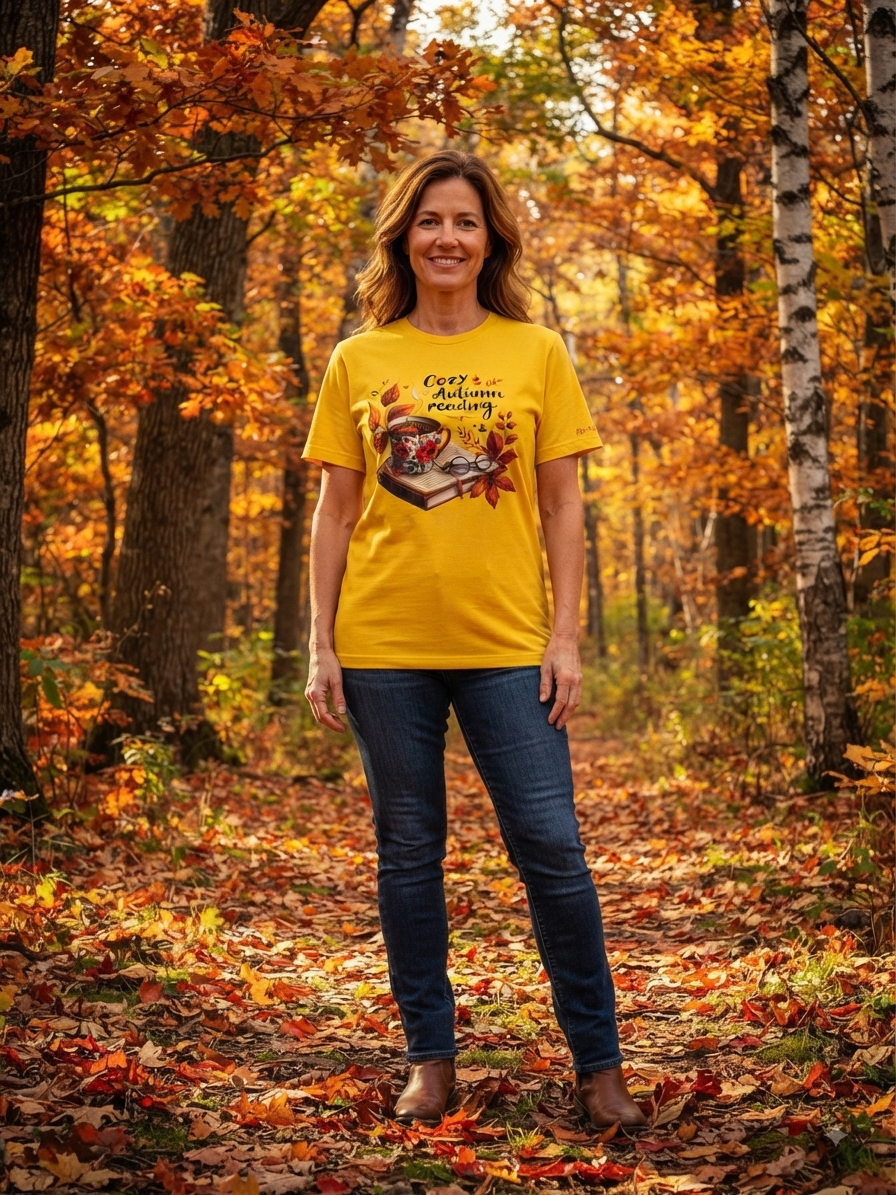 Unisex T-Shirt Herbst Lesezeit gelb – Cozy Autumn Reading Frontansicht im Herbstwald von fks-design
