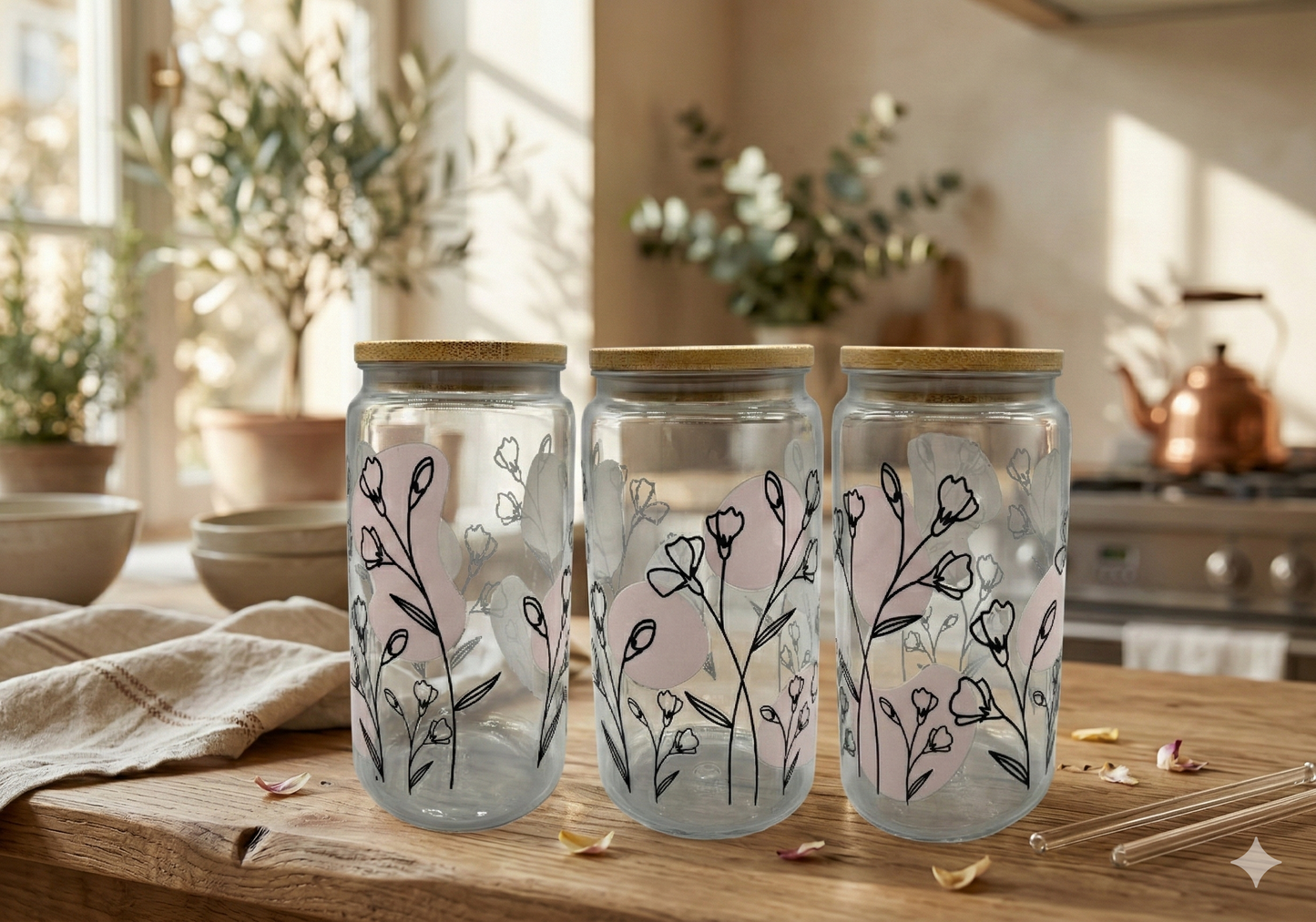 Trinkbecher Linienblumen mit Bambusdeckel und Trinkhalm UV-DTF Motiv 550ml von fks-design
