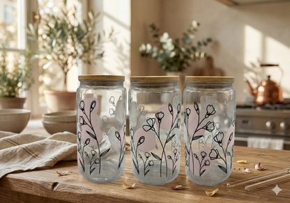 Trinkbecher Linienblumen mit Bambusdeckel und Trinkhalm UV-DTF Motiv 550ml von fks-design
