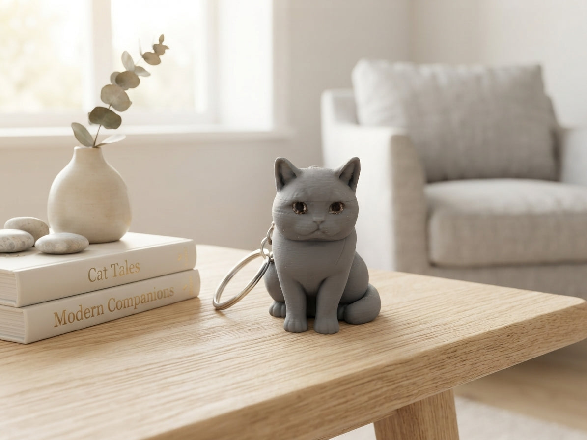 Sitzende Britisch Kurzhaar Katze als 3D-gedruckter PLA Schlüsselanhänger mit Metallring – Geschenk für Katzenliebhaber von fks-design
