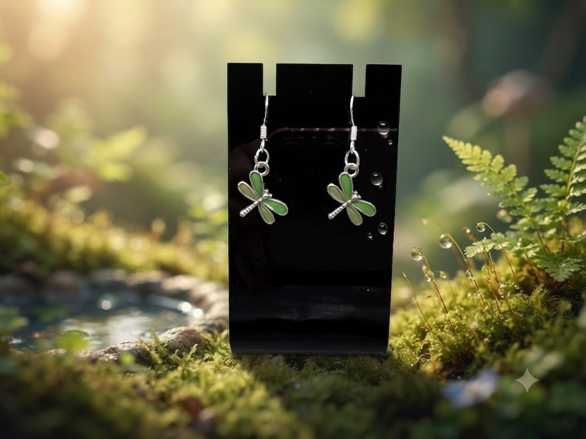 Libellen Ohrringe in Grün mit 925er Silberhaken, präsentiert auf schwarzem Schmuckdisplay vor naturnahem Waldmoos-Hintergrund – von fks-design
