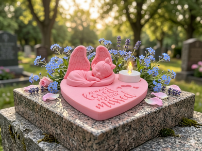 Schlafender Engel auf herzförmiger Gedenkstätte für Sternenkind mit Schriftzug Always Loved Forever Missed in Rosa
