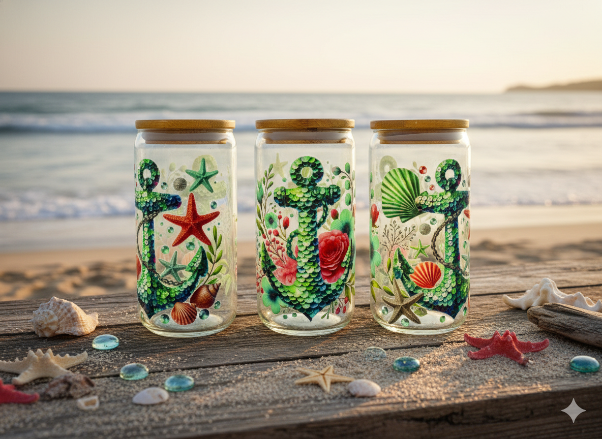 Trinkglas Pailletten Anker 550ml mit Bambusdeckel und Trinkhalm UV-DTF Motiv von fks-design
