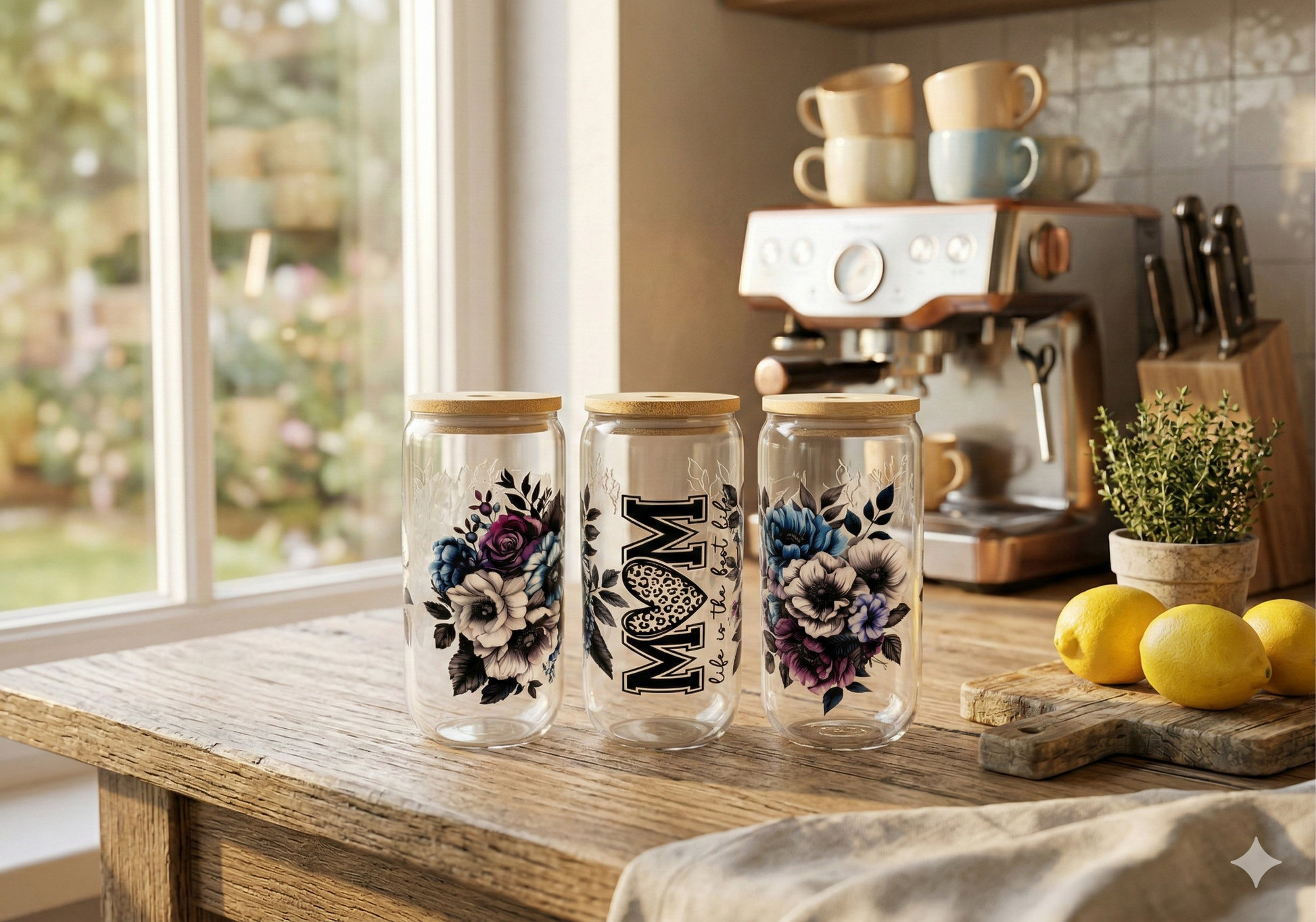 Trinkglas Mom Life 550ml mit Bambusdeckel und Trinkhalm UV-DTF Motiv von fks-design
