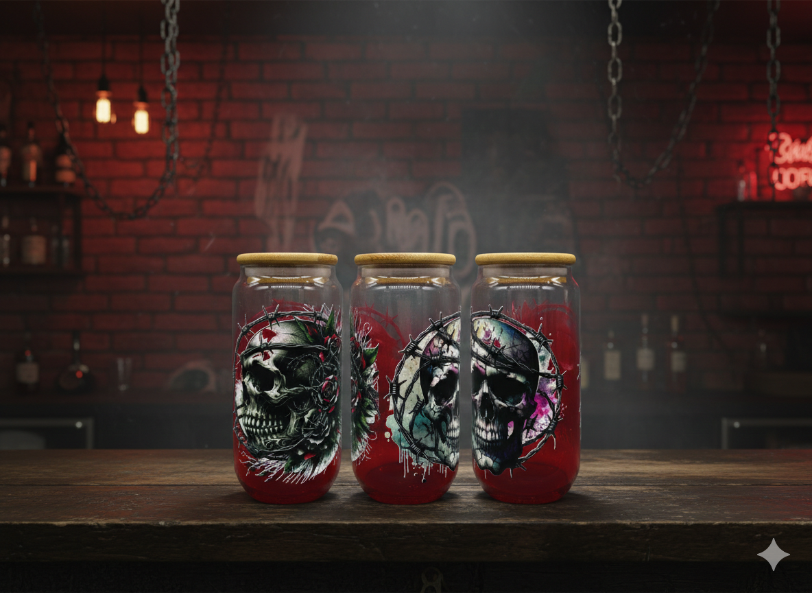 Farbiges Trinkglas Stachel Skulls 500ml mit rotem Farbverlauf Bambusdeckel und Trinkhalm UV-DTF Motiv von fks-design

