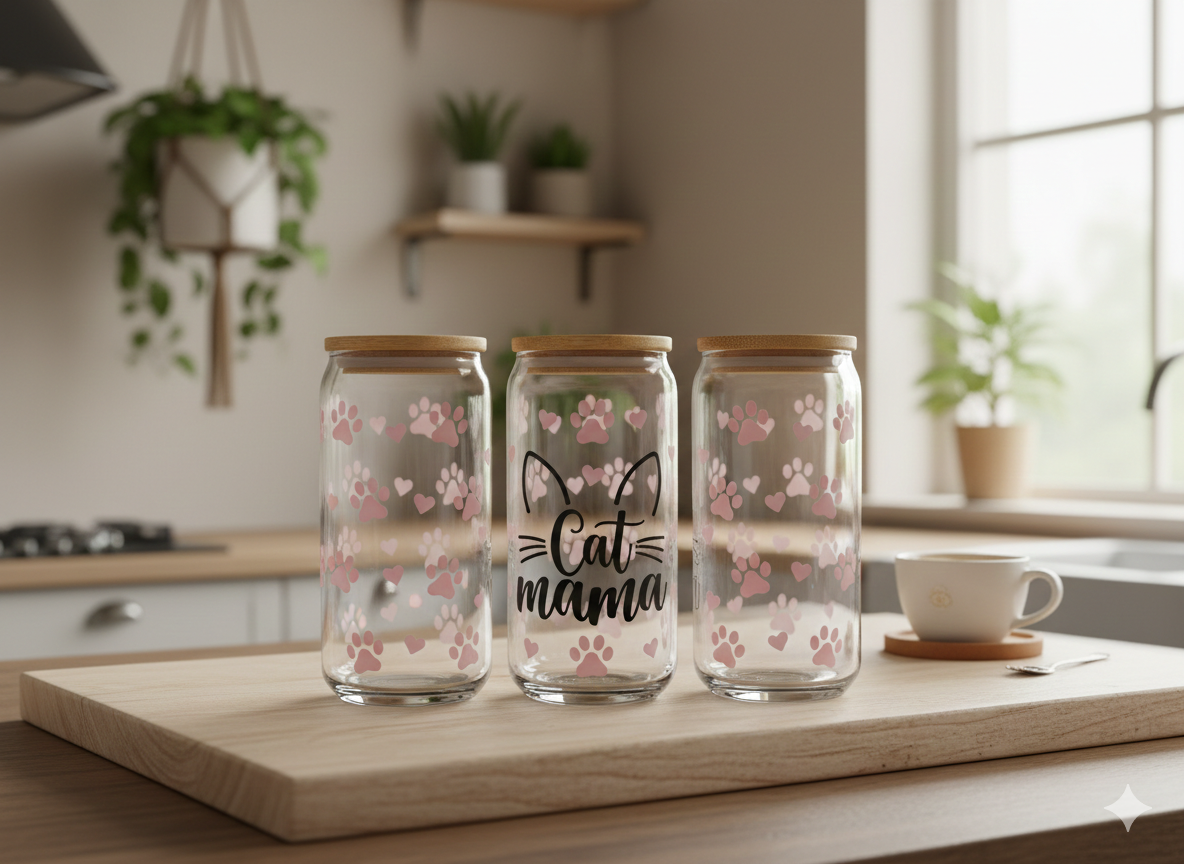 Trinkglas Cat Mama 550ml mit Bambusdeckel und Trinkhalm UV-DTF Motiv von fks-design

