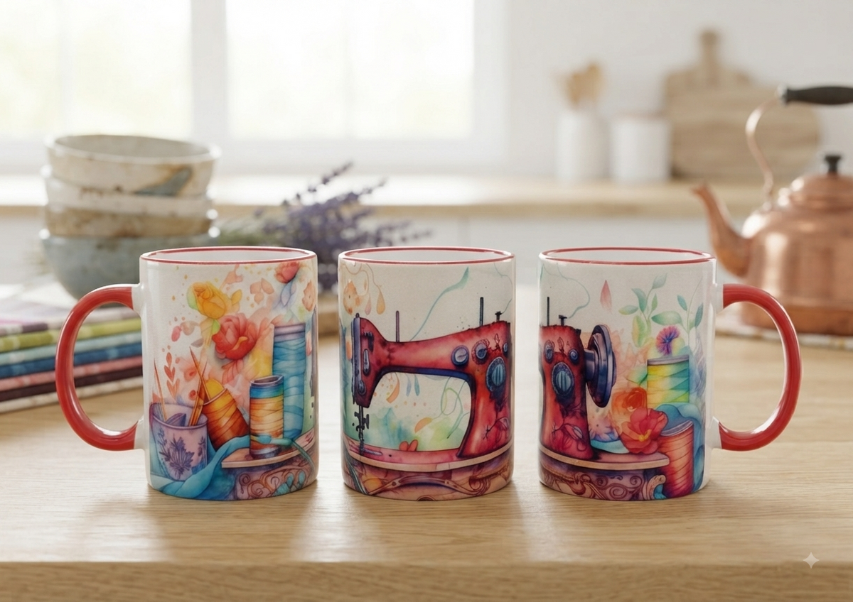 Keramiktasse Nähmaschine 300ml mit rotem Henkel – Aquarell-Design Nähmaschine & Garnrollen von fks-design
